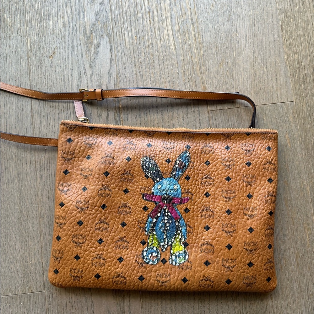 MCM Leather Crossbody Bag with Blue Rabbit Motif